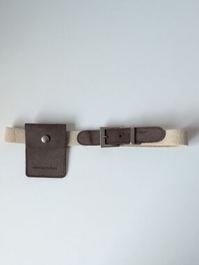 Beige Stretch Canvas Belt with Brown Leather Pouch